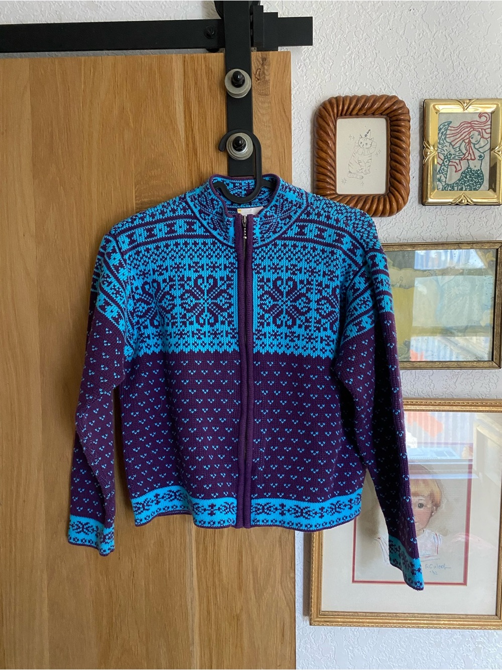 Girls Zip-Front Nordic Pattern Sweater Jacket - Purple/Turquoise